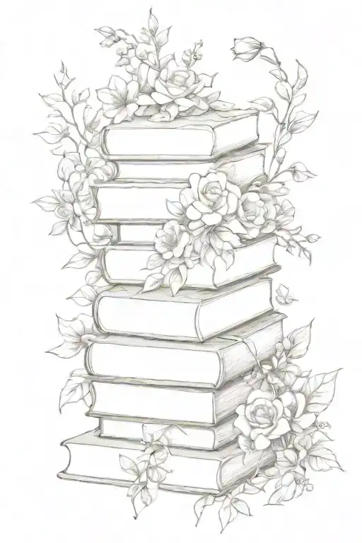 stack of books surrounded by florals tattoo design idea