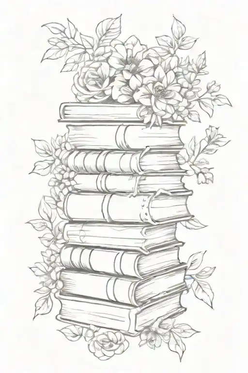 stack of books surrounded by florals tattoo design idea