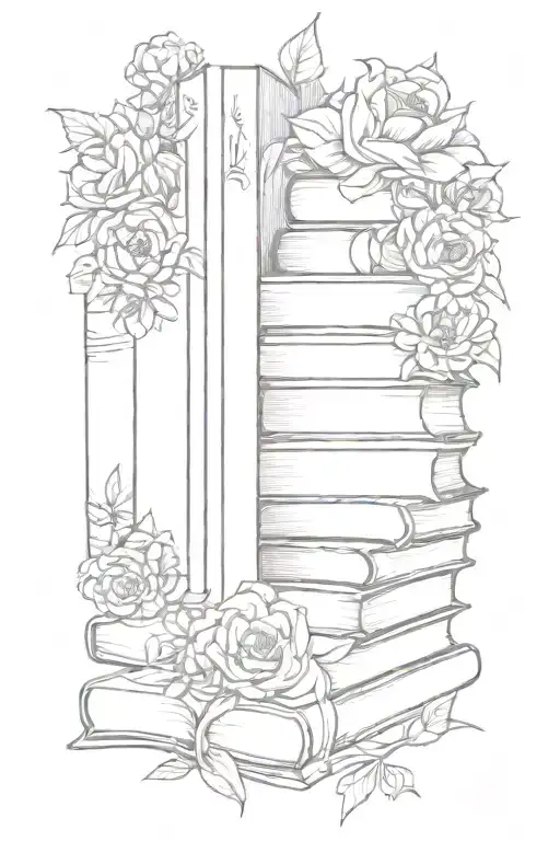stack of books surrounded by florals tattoo design idea