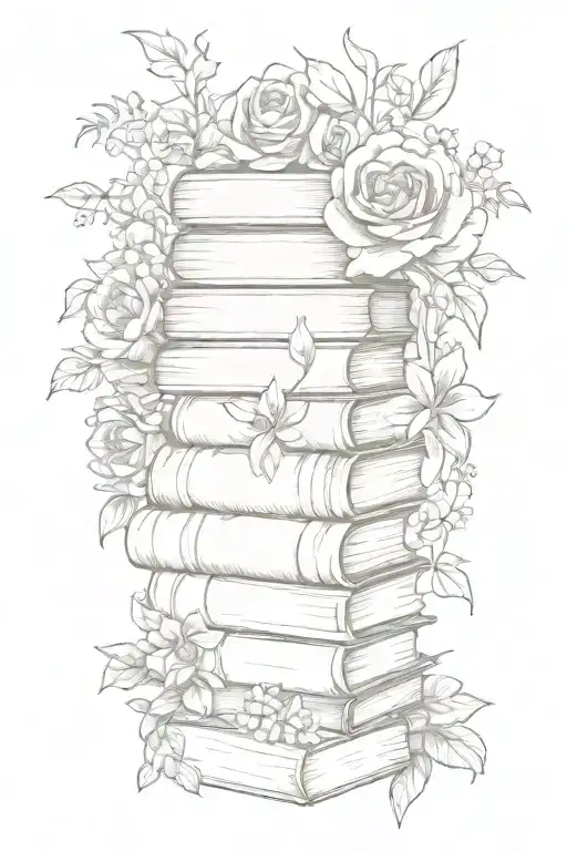 stack of books surrounded by florals tattoo design idea
