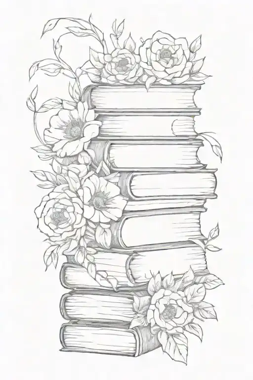 stack of books surrounded by florals tattoo design idea