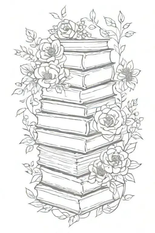 stack of 7 books surrounded by florals tattoo design idea
