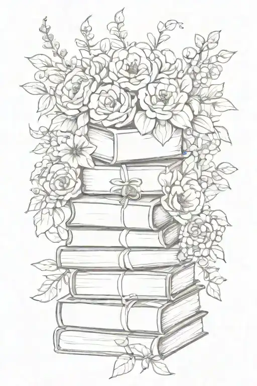 stack of books surrounded by florals tattoo design idea