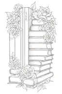 stack of books surrounded by florals tattoo design idea