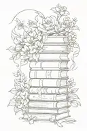 stack of books surrounded by florals tattoo design idea