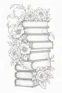 stack of books surrounded by florals tattoo design idea