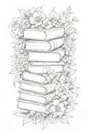 stack of books surrounded by florals tattoo design idea