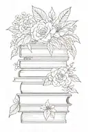 stack of 7 books surrounded by florals tattoo design idea