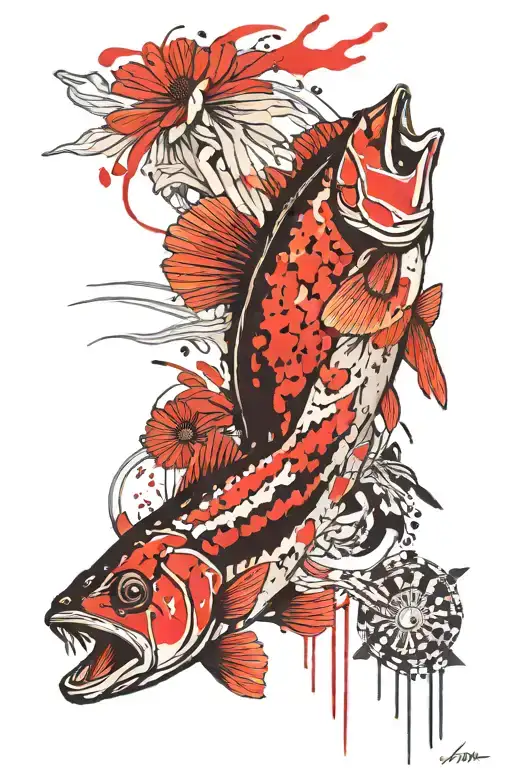 daisy, bass fish jumping, tattoo design idea
