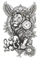 lion, clock, family,  tattoo design idea