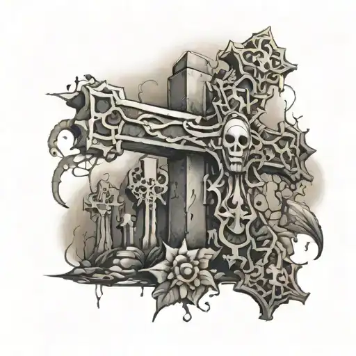 A mechanical cross adorned with eerie ghostly faces in a graveyard setting tattoo design idea