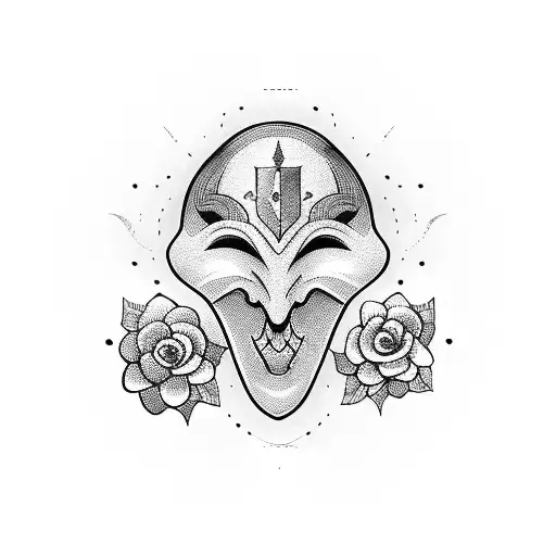 A blackwork tattoo of a theater mask surrounded by mathematical symbols and flowers tattoo design idea