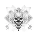 A blackwork tattoo of a theater mask surrounded by mathematical symbols and flowers tattoo design idea