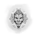 A blackwork tattoo of a theater mask surrounded by mathematical symbols and flowers tattoo design idea