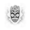 A blackwork tattoo of a theater mask surrounded by mathematical symbols and flowers tattoo design idea