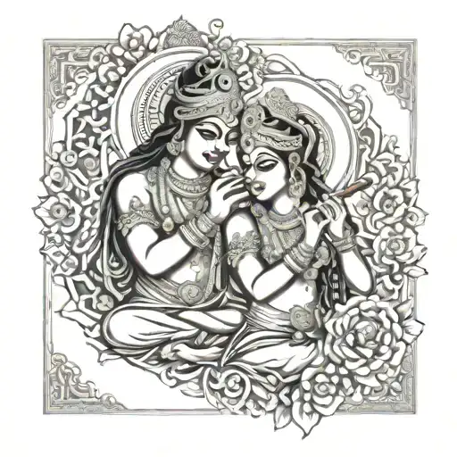 A mythical scene of Radha and Krishna in Dwarika playing the flute together tattoo design idea