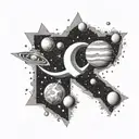 A cosmic scene with planets and stars forming the shape of a dollar sign, representing the vastness of the universe and the value of money tattoo design idea