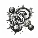 A cosmic scene with planets and stars forming the shape of a dollar sign, representing the vastness of the universe and the value of money tattoo design idea