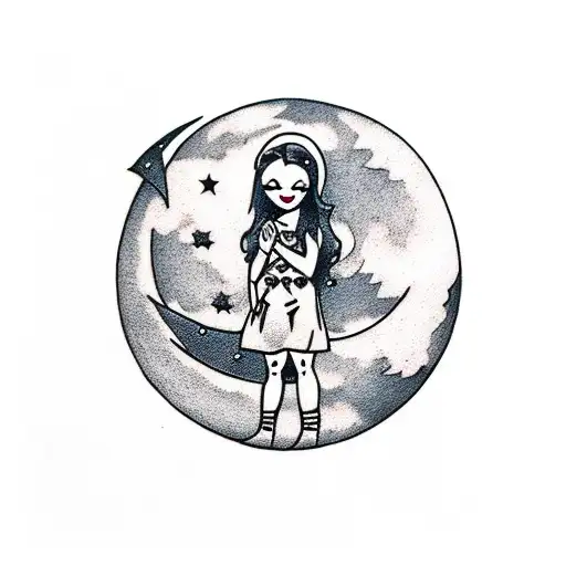 5 children standing ontop of hill overlooking woods, a moon with a valkyrie face hangs above them with stars tattoo design idea