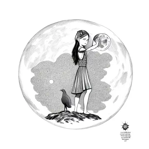 children standing ontop of hill overlooking woods, a moon with a valkyrie face hangs above them with stars tattoo design idea