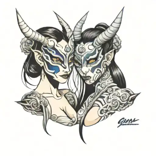 girls in oni mask split in half tattoo design idea