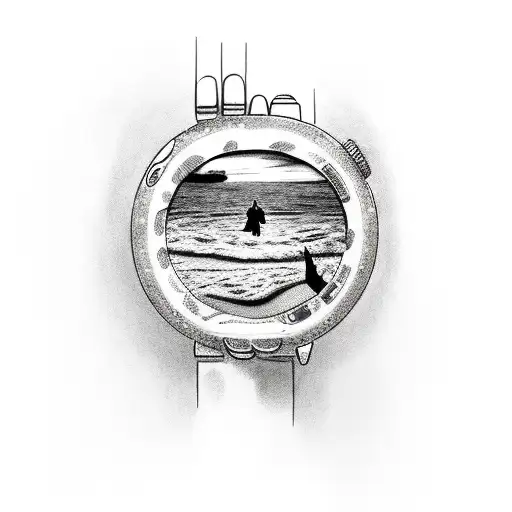 a baby hand holds  a  hand watch that drowning in the sand and in the watch there is a sunset tattoo design idea
