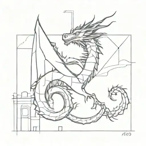 A captivating black-grey tattoo of a dragon wrapped around an architectural blueprint, representing strength and ambition tattoo design idea
