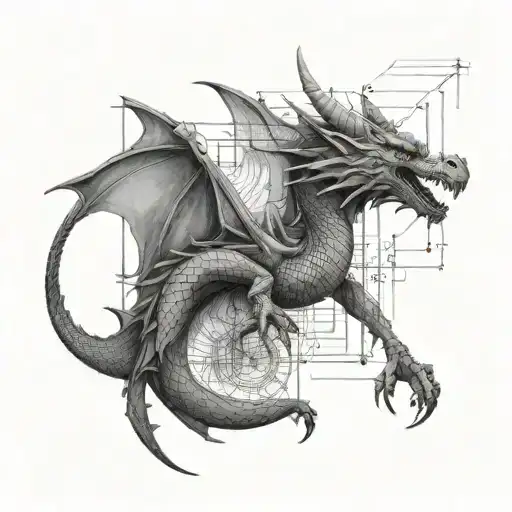 A captivating black-grey tattoo of a dragon wrapped around an architectural blueprint, representing strength and ambition tattoo design idea