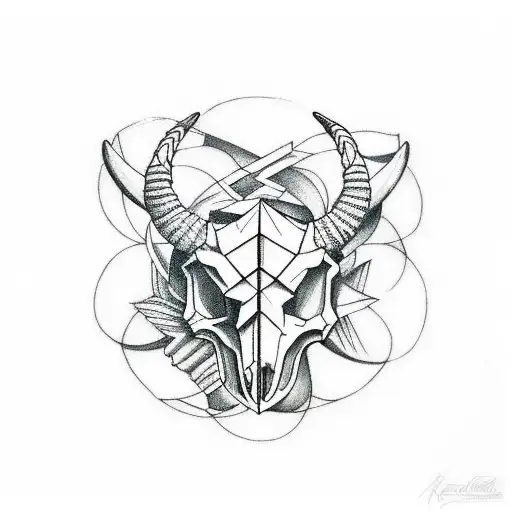 capricorn with skull and line work geometric tattoo design idea