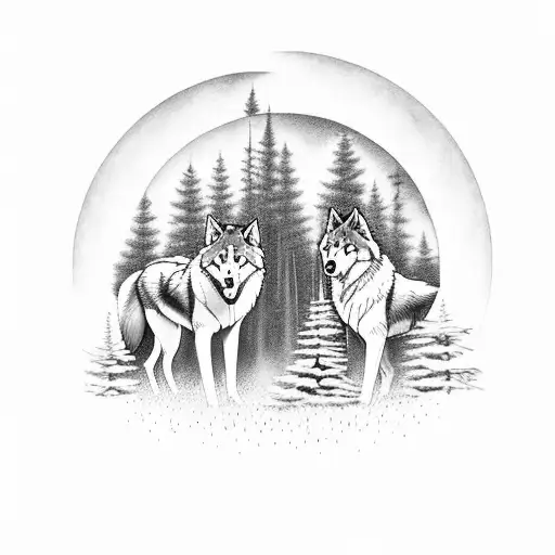 A serene moonlit forest with wolves roaming among the trees tattoo design idea