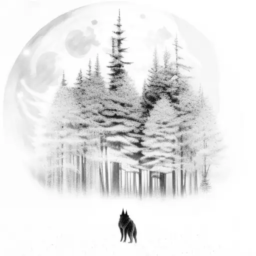 A mystical scene of a lone wolf walking through a forest with moonlight shining through the trees tattoo design idea