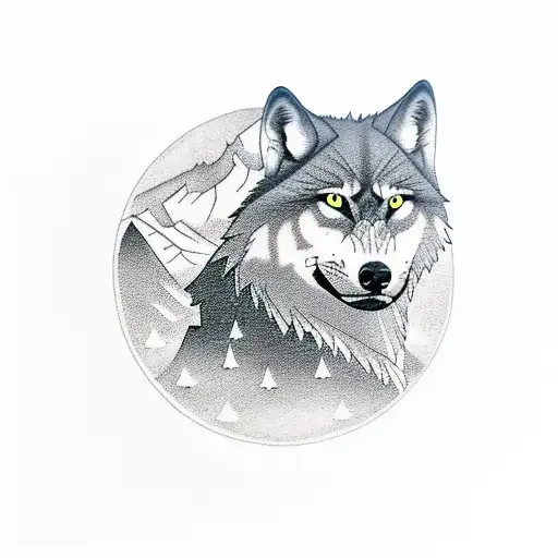 A silhouette of a lone wolf standing on a mountain peak under a full moon tattoo design idea