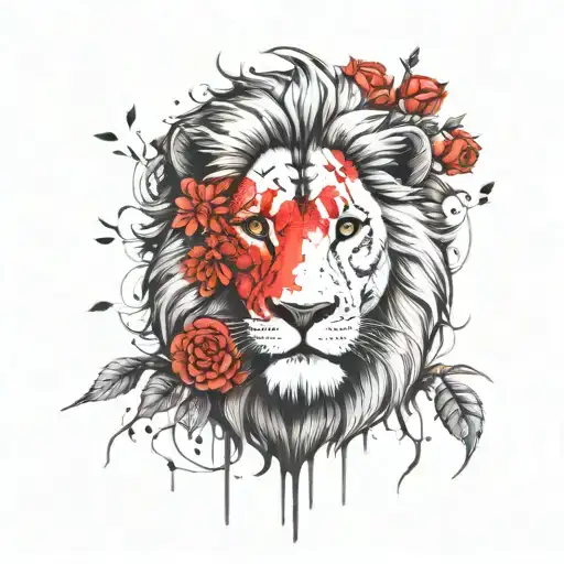 lion head flowers roses bush tattoo design idea