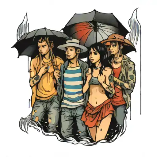 four people in the rain tattoo design idea