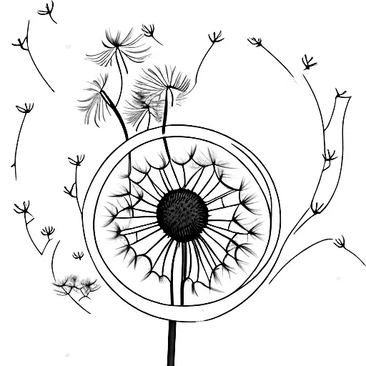 Dandelion with a moth on the stem, then the words 'Just Be' comes off the bottom of the stem to the right tattoo design idea