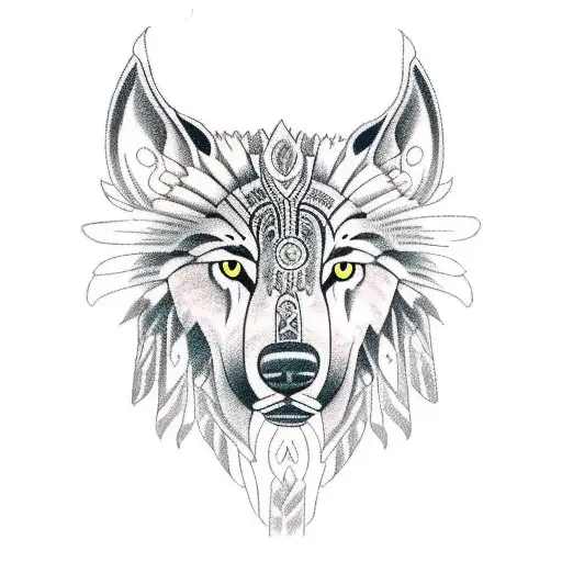 a large tattoo on the leg with a composition of Indians, rivers, maps, wolf, atstek ,inca, theme tattoo design idea