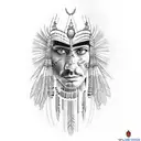 a large tattoo on the leg with a composition of Indians, rivers, maps, atstek ,inca, theme tattoo design idea