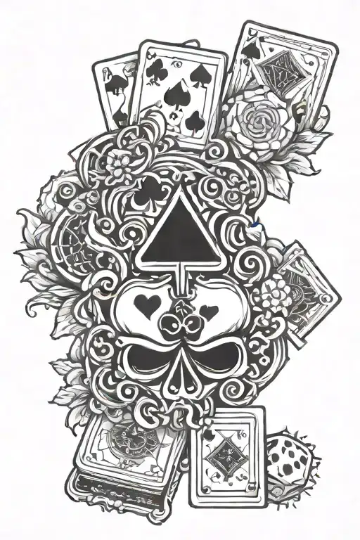 sun surrounded by ace and Jack playing cards, shamrock, and 3 dice  tattoo design idea