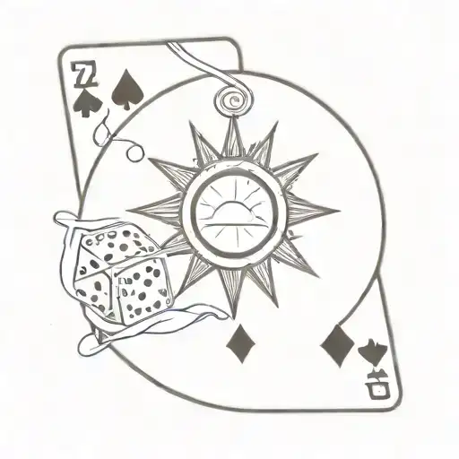 simple sun two playing cards surrounded and dice tattoo design idea