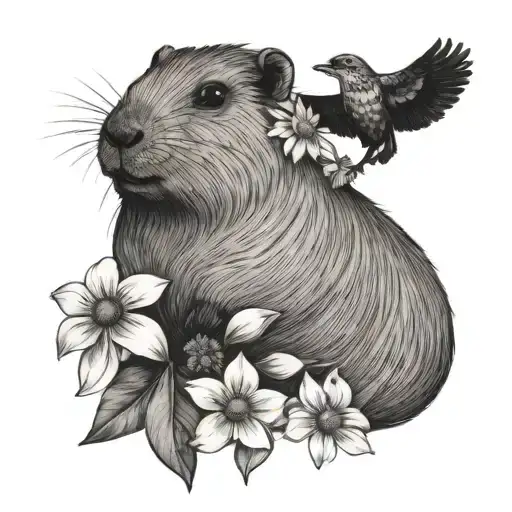 capybara holding a daisy flower with woodpecker on it the capybara  tattoo design idea