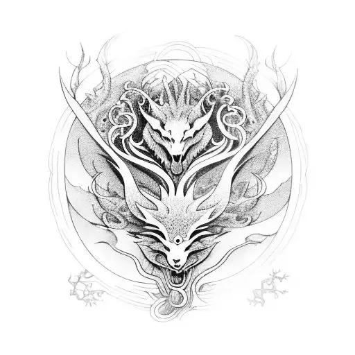 A mythical creature inspired by Japanese yokai, incorporating elements of metal music and surrounded by a mystical forest. tattoo design idea