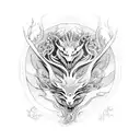 A mythical creature inspired by Japanese yokai, incorporating elements of metal music and surrounded by a mystical forest. tattoo design idea