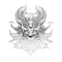 A mythical creature inspired by Japanese yokai, incorporating elements of metal music and surrounded by a mystical forest. tattoo design idea