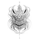 A mythical creature inspired by Japanese yokai, incorporating elements of metal music and surrounded by a mystical forest. tattoo design idea