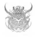 A mythical creature inspired by Japanese yokai, incorporating elements of metal music and surrounded by a mystical forest. tattoo design idea