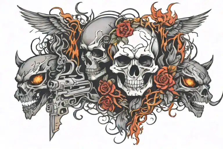 skulls guns wolves ravens dragons  and roses on fire  tattoo design idea