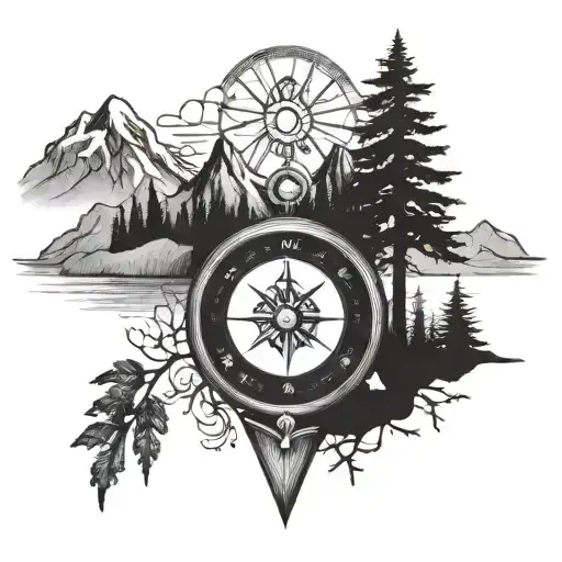 Compass with Trees and Mountains, Roman numeral dates tattoo design idea