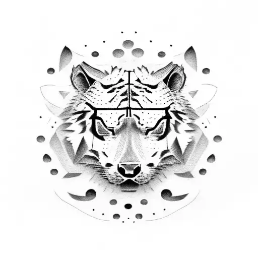 half a sabre tooth tiger face on one side quite cute and half a wolf face on the other side with a clear split  tattoo design idea