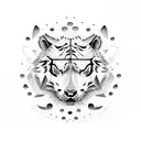 half a sabre tooth tiger face on one side quite cute and half a wolf face on the other side with a clear split  tattoo design idea