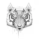 half a sabre tooth tiger face on one side quite cute and half a wolf face on the other side with a clear split  tattoo design idea